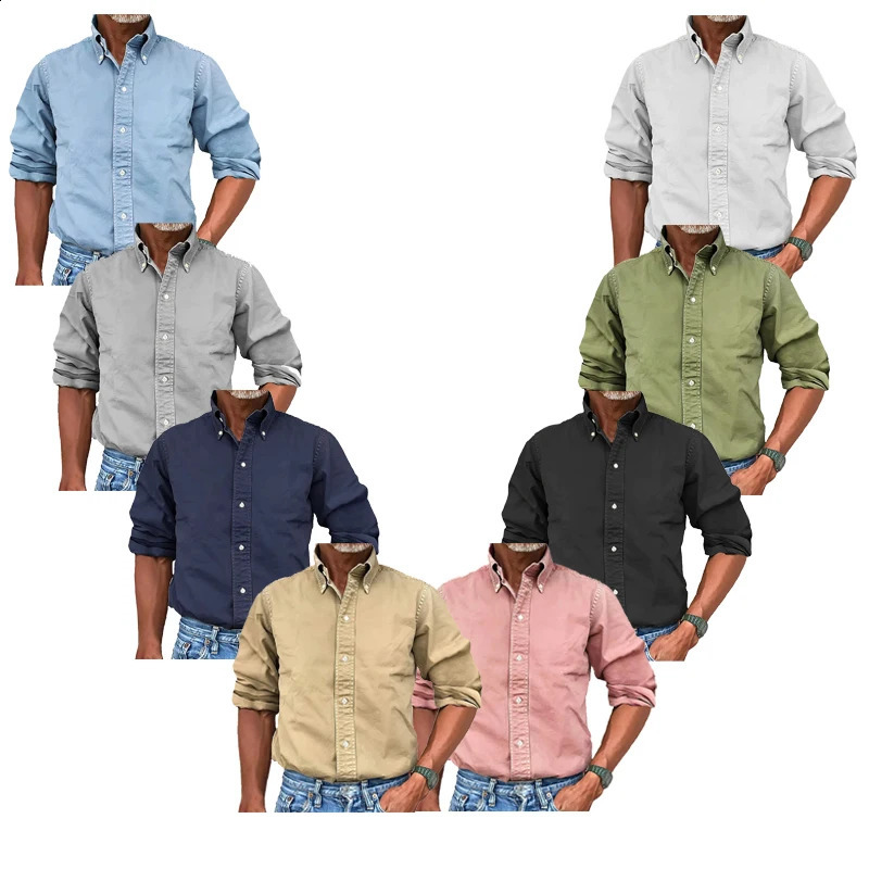 Mens Soild Oxford Long Sleeve Tee Shirt Youth Leisure Slim Fit Korean Fashion Blouse Elegant Shirts For Men Clothing 250225