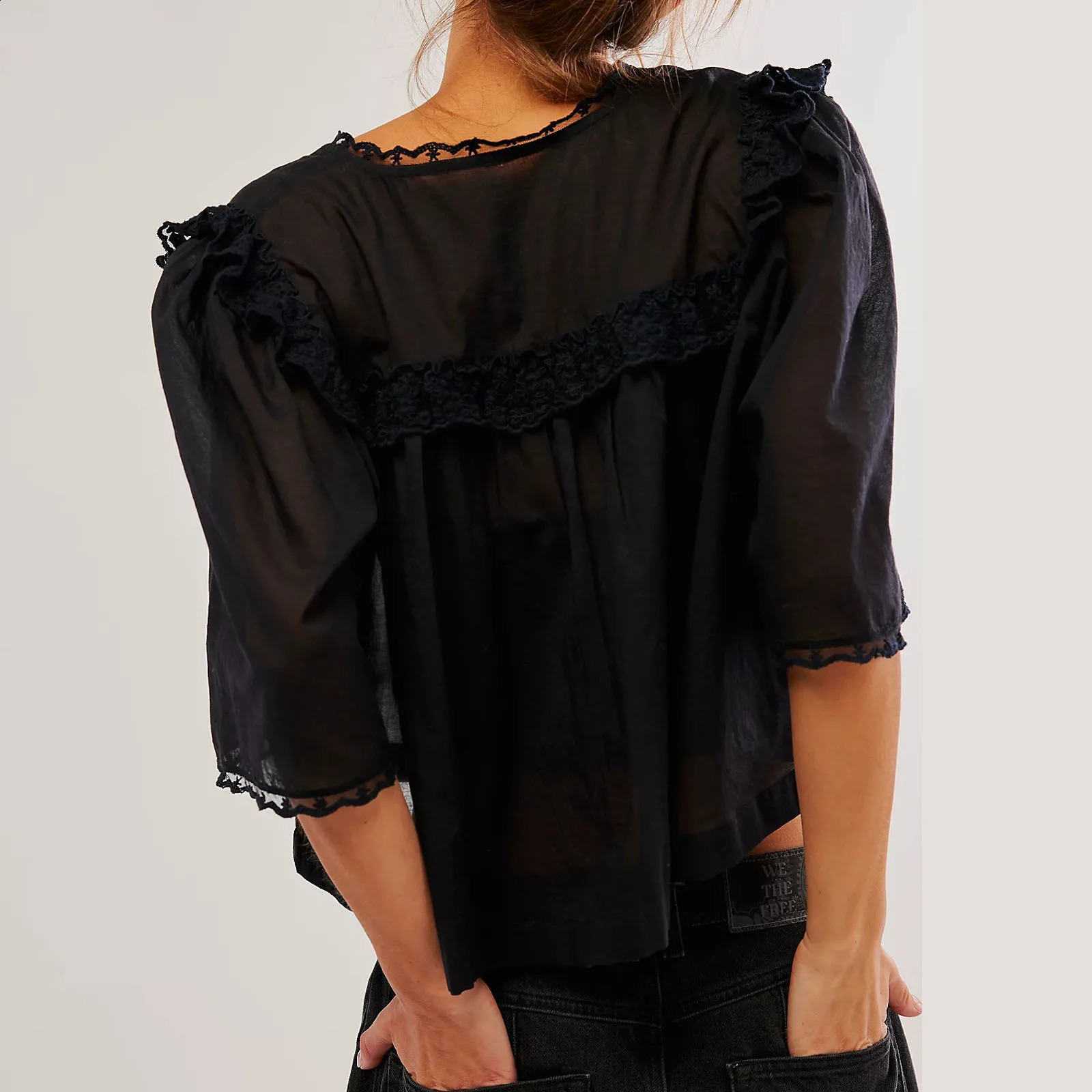 Women Sweet Ruffles Sheer Shirts Fashion Ladies Loose Lace Button Blouses for Female Chic Elegant See Through Tops Clothes 250225