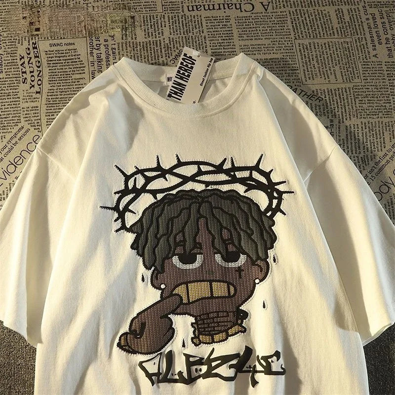 Style Retro Hiphop Pixel Cartoon Short Sleeved Tshirt for Men and Women Ins Summer Loose High Street Couple Top Y2k Gothic 250225
