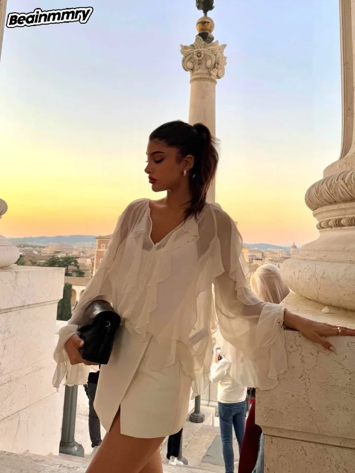 Elegant Solid Ruffle V-neck Long Sleeve Blouse Womens Chic Single Breasted Perspective Shirt Spring Lady Commute Tops 250225