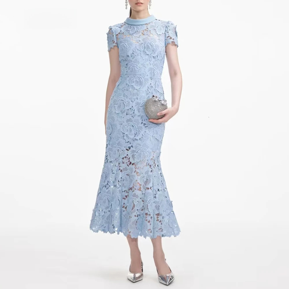 Solid Spliced Hollow Out Evening Dresses For Women Stand Collar Short Sleeve High Waist Slimming Folds Elegant Dress Female