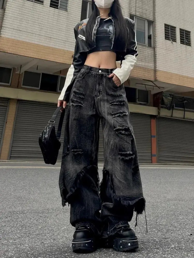 American high street two piece set distressed workwear jeans womens wide leg hip hop street raw edge floor-length pants 250225