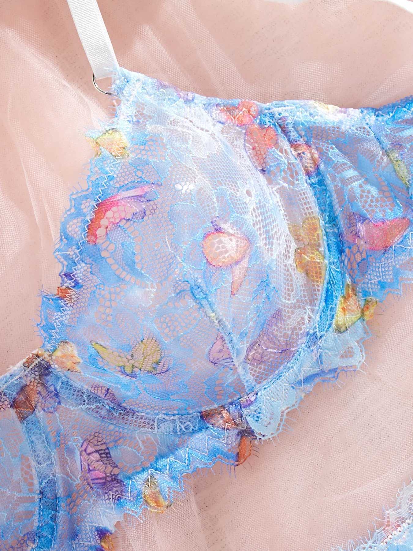 Womens transparent blue butterfly lace sexy lingerie set gathering push up bra daily comfortable close fitting lingerie setXJ250301