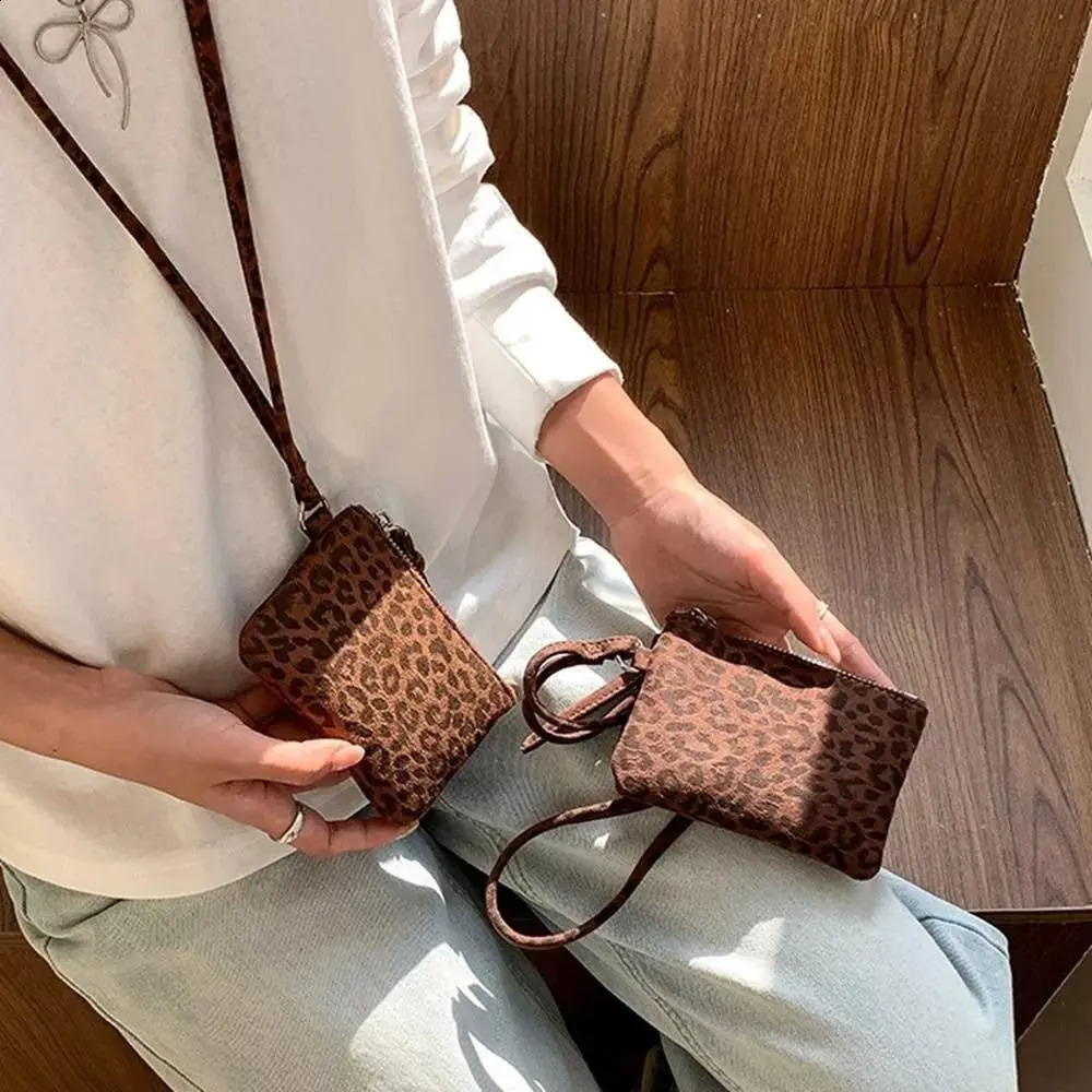 Leopard Print Suede Coin Purse Portable Lipstick Key Bag Women Shoulder Bag Mini Storage Bag Small Wallet Travel Neck Bag 250228