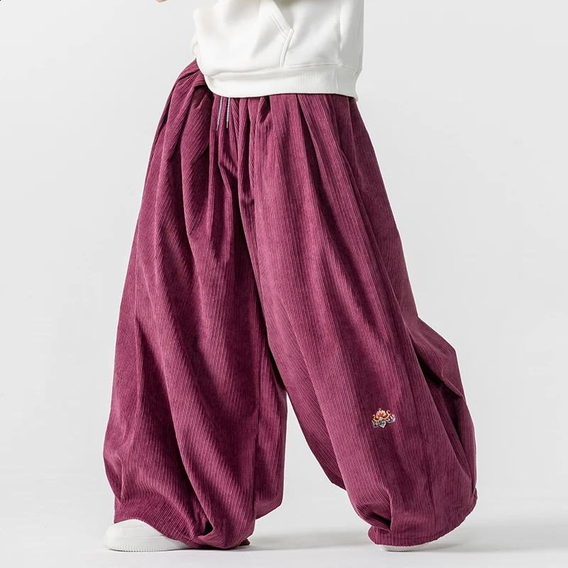 Mens Corduroy wide leg pants mens Japanese style loose and thick casual embroidered hip-hop mens streetwear pants 250228