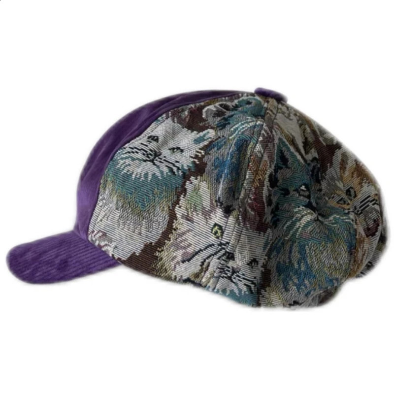 Japanese Y2K Big Head PU Cat and Dog Pattern Cloud Hat Spring and Autumn Coral Retro Splicing Mens and Womens Octagonal Hats 250226