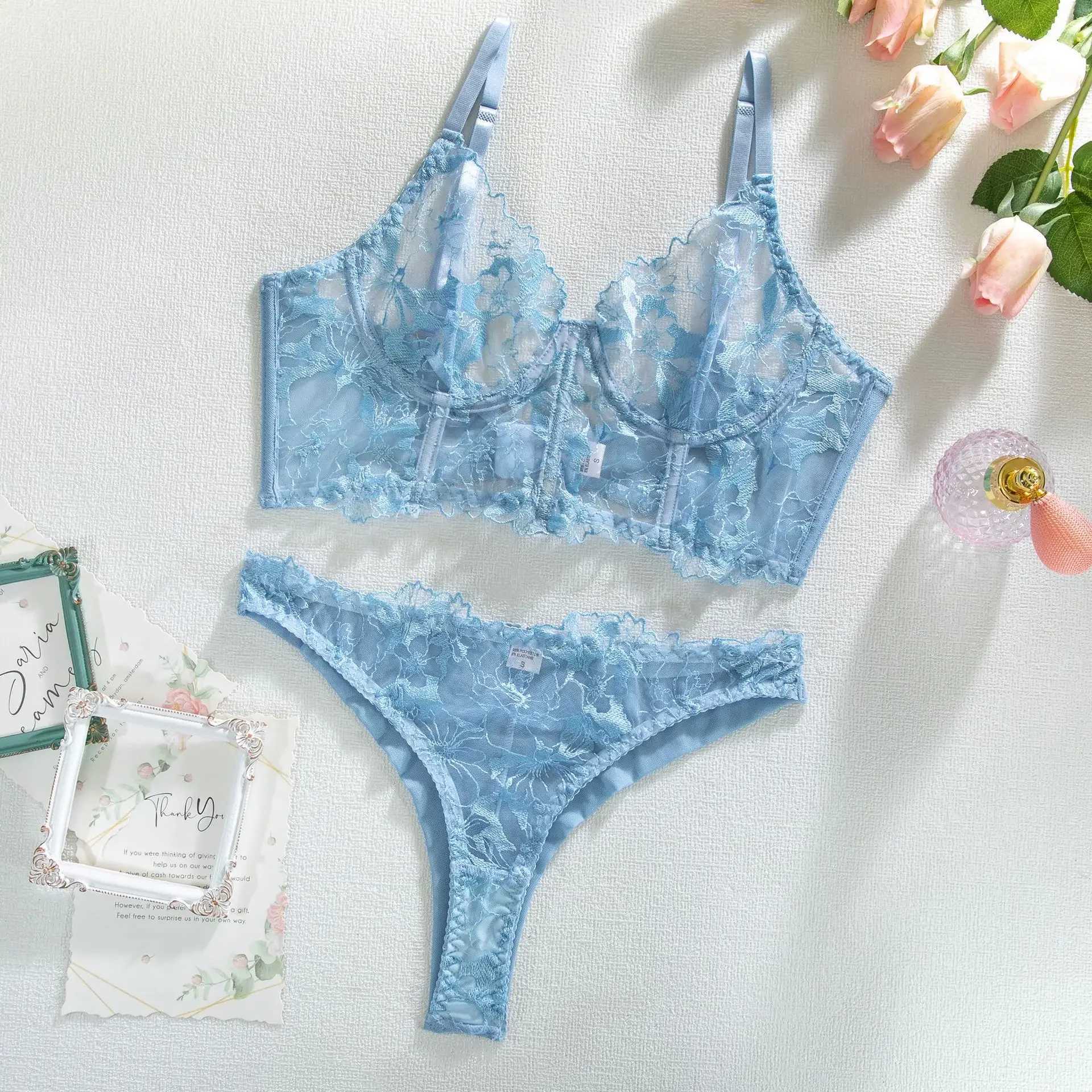 New Floral Embroidered Single Layer Tank Top with Fishbone Steel Rings Womens Sweet Perspective Lace Large Ope Underwear SetXJ250301