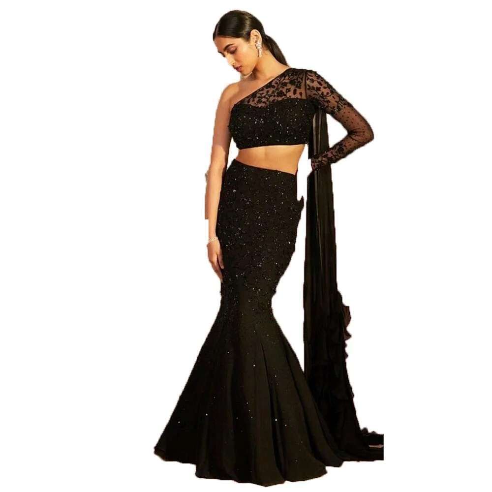 Exquisite black female prom one shoulder sexy thin sleeve uste trumpet cut bright illusion elegant evening party dresses
