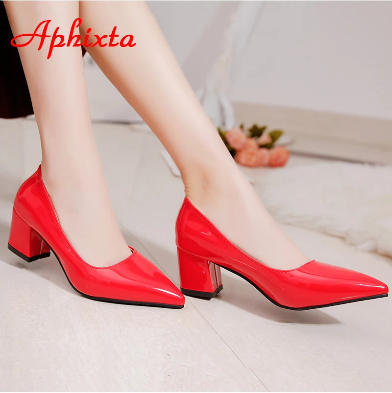 Aphixta 5cm Square Heels Patent Leather Red Pumps Shoes Woman Classics Pointed Toe Dress Official Pumps Party Plus Size 49 50 250228
