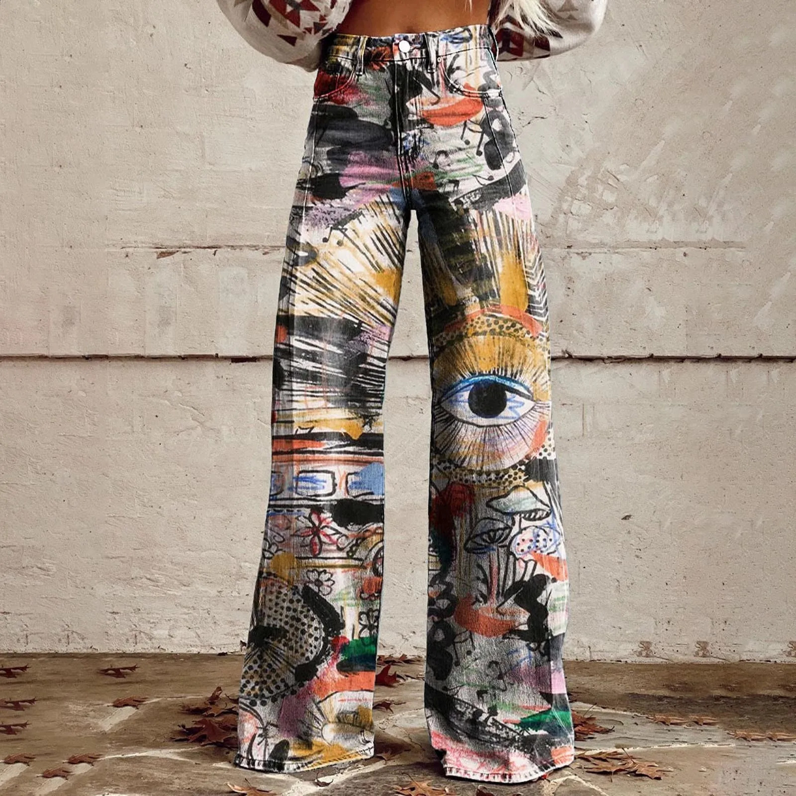 Vintage Fashion High Waisted Wide Leg Jeans Casual 90s Floral Printed Denim Pants Women Loose Fit Pockets Baggy Trousers 250228