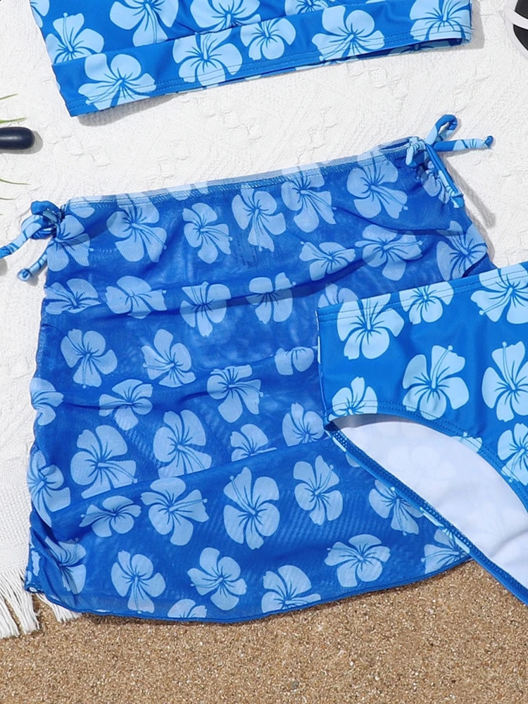 Bikini Kids Girls Swimsuit 2025 Blue Print Sling Set Children Summer Three Piece Beachwear Bathing Suits 250227