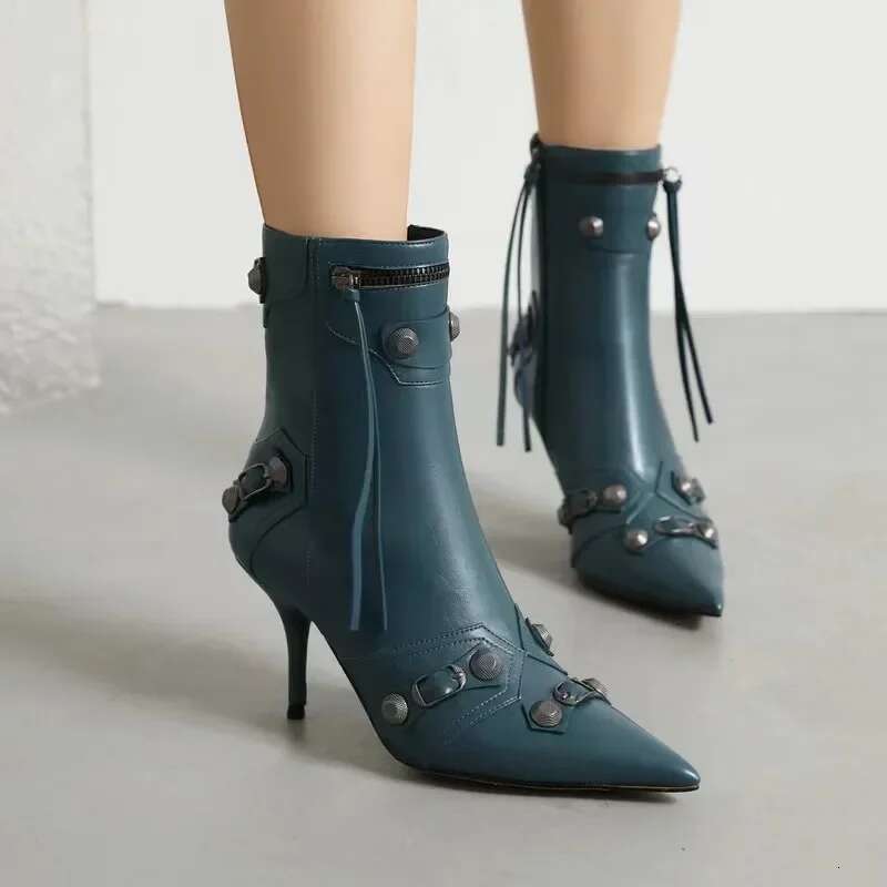 Gold Sier Women Pointed Toe Stilettos Heels Knee High Sexy Ladies Rivet Retro Pumps Cosplay Ankle Boots