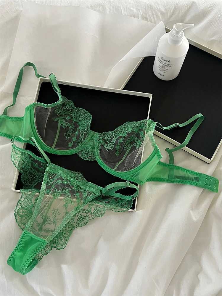 Women Green Lace Underwire Exotic Sets Sexy Sensual Brassiere Lingerie Set Underwear Set Perspective Bralette Bra and Panty SetXJ250301