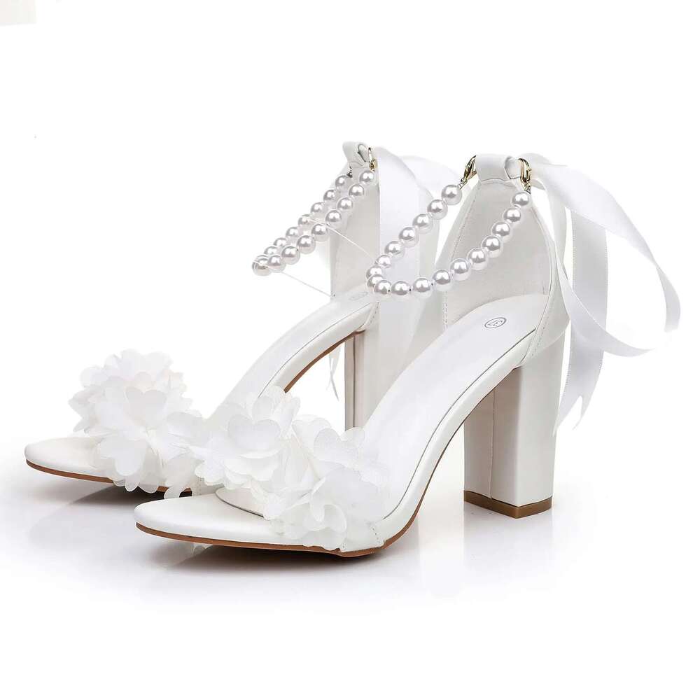 Women Crystal Queen White wer Beaded Dia High Heels Summer Shoes Peep Toe Buckle Strap Square Sandals