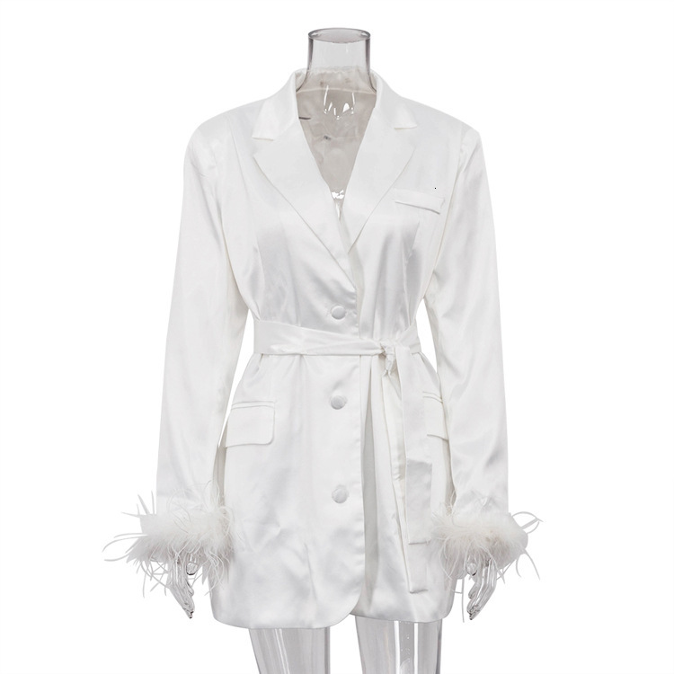 New3 Early Autumn New Fashion And Temperament Suit Collar Ostrich Hair Long Sleeve With Waist Wrapped High Grade A-Line Dress