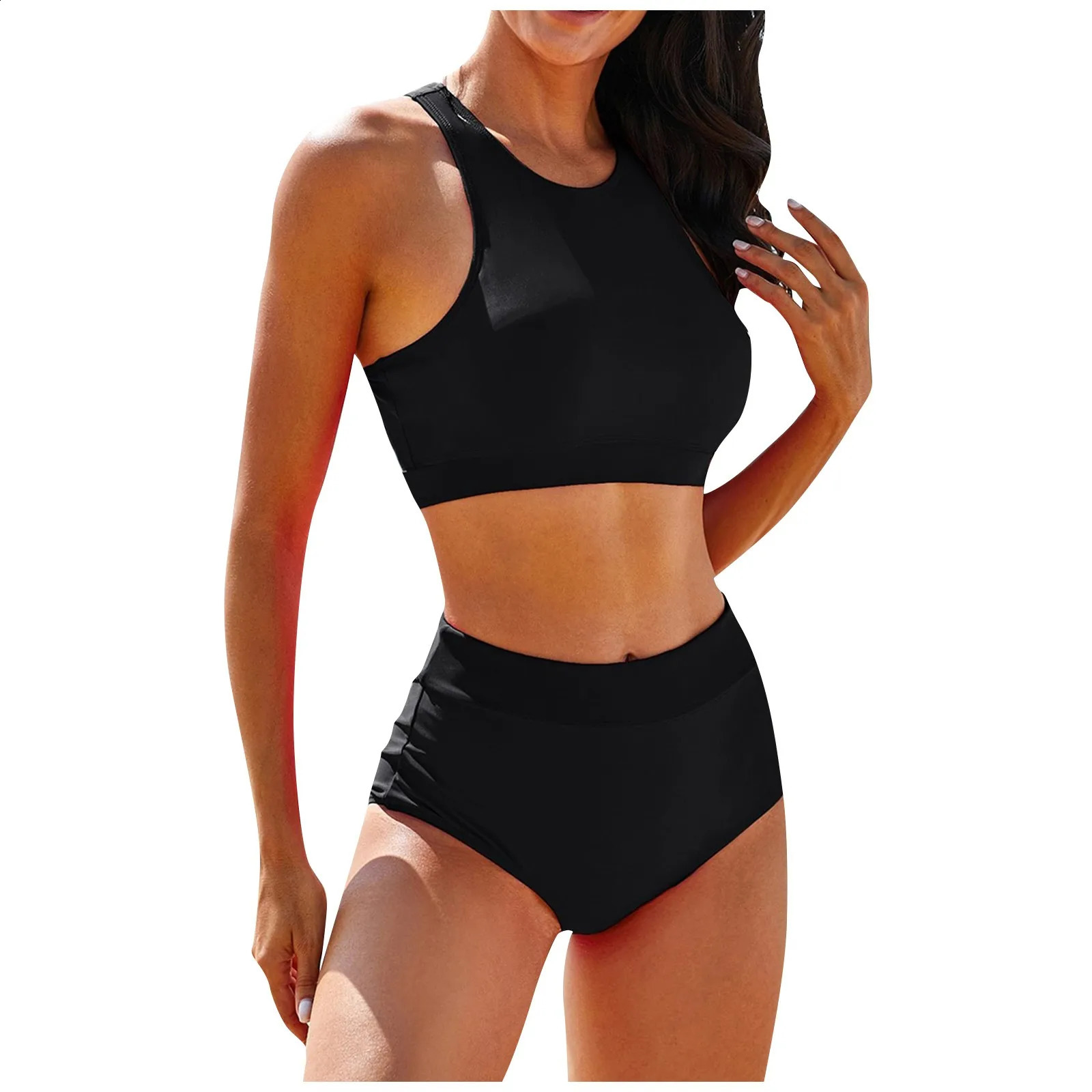 Womens Solid Color Tank Top Swimsuit Ladies Split High Waist TwoPiece Set Bathing Suit Bikinis Feminine 250227