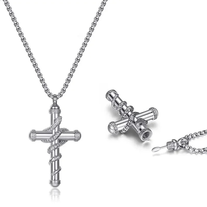 Snake Around Cross Spoon Necklace Exquisite Hollow Spoon Inside Pendant Necklace Trendy Stainless Steel Jewelry Presents 250222
