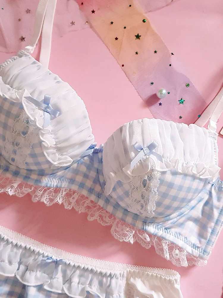 Japanese lingerie cute girl sweet blue black white bubble gum with steel rims thin and large apron bra setXJ250301