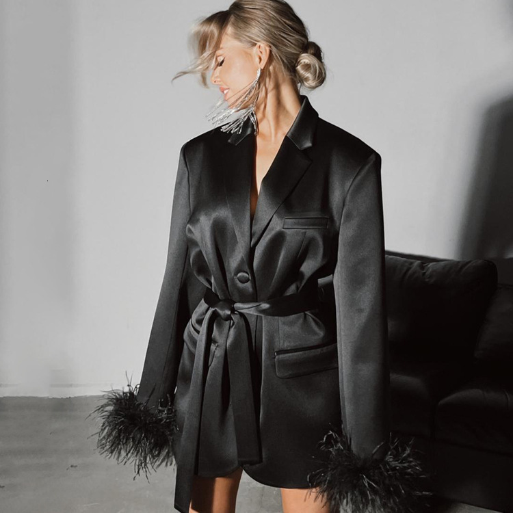 New3 Early Autumn New Fashion And Temperament Suit Collar Ostrich Hair Long Sleeve With Waist Wrapped High Grade A-Line Dress
