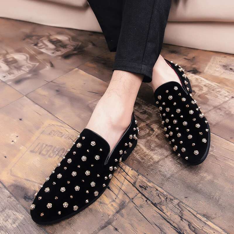 2024 New Brand Black Spikes Mens Loafers Denim And Metal Sequins High Quality Casual Men Wedding Flats Shoes