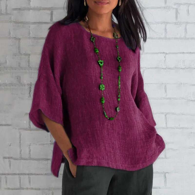 Cotton Shirts O-Neck Three Quarter Loose Casual en Blouse Tops Summer Cothes For Women Streetwear