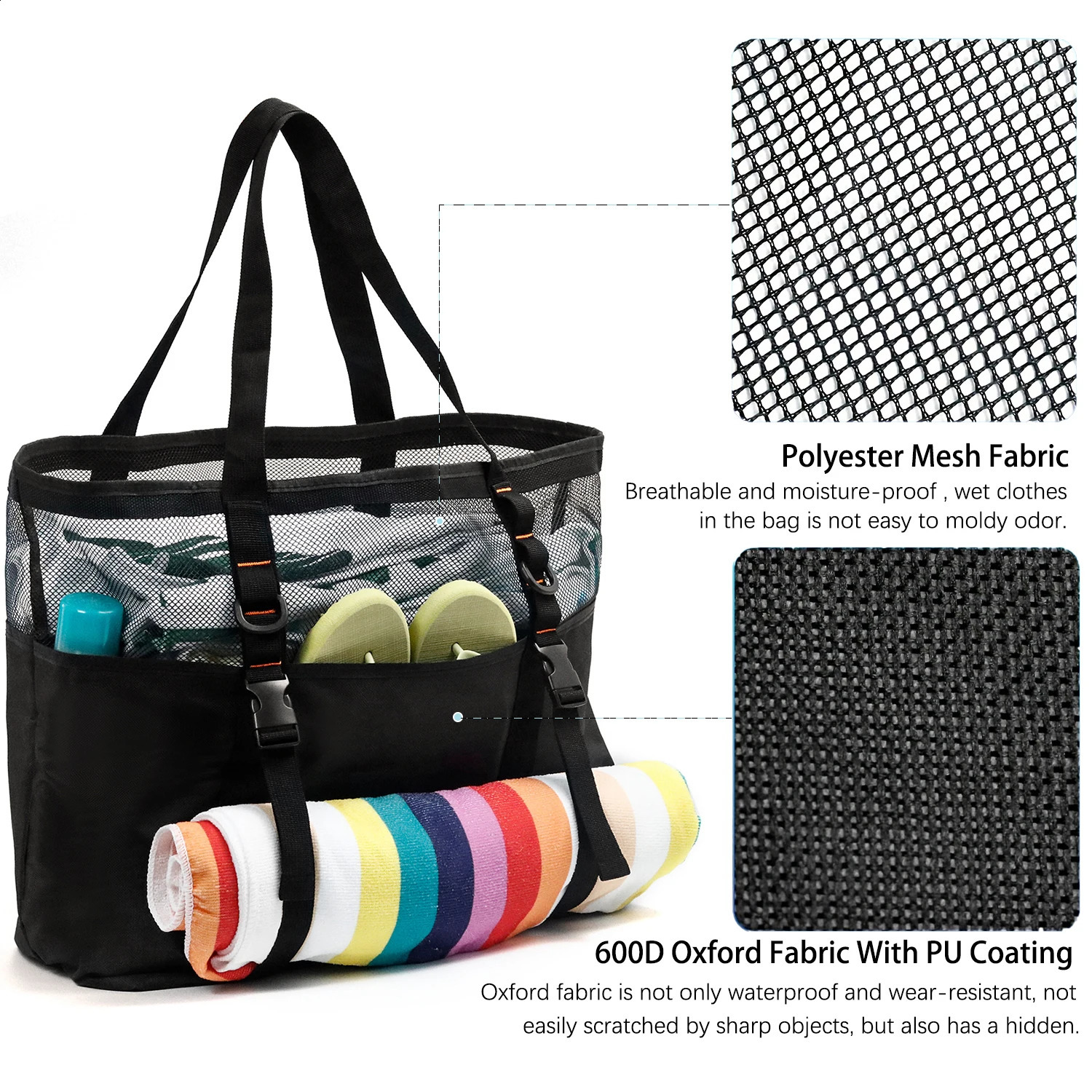 Multiple Lightweight Pockets Foldable Black Mesh Beach Bag Mesh Duffel Bag Large Capacity Swimming Bag for Girl' s Gift 250305