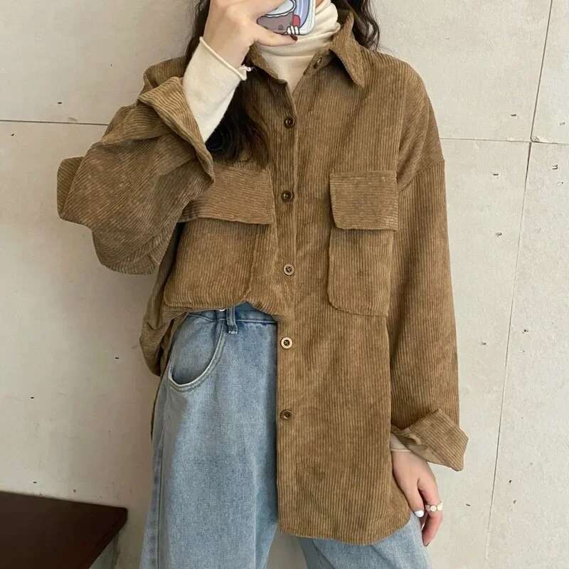 Women's Autumn New Design Sensibility Niche Corduroy Shirt Jacket Long Sleeve Lapel Loose-Fit Top For Fashion
