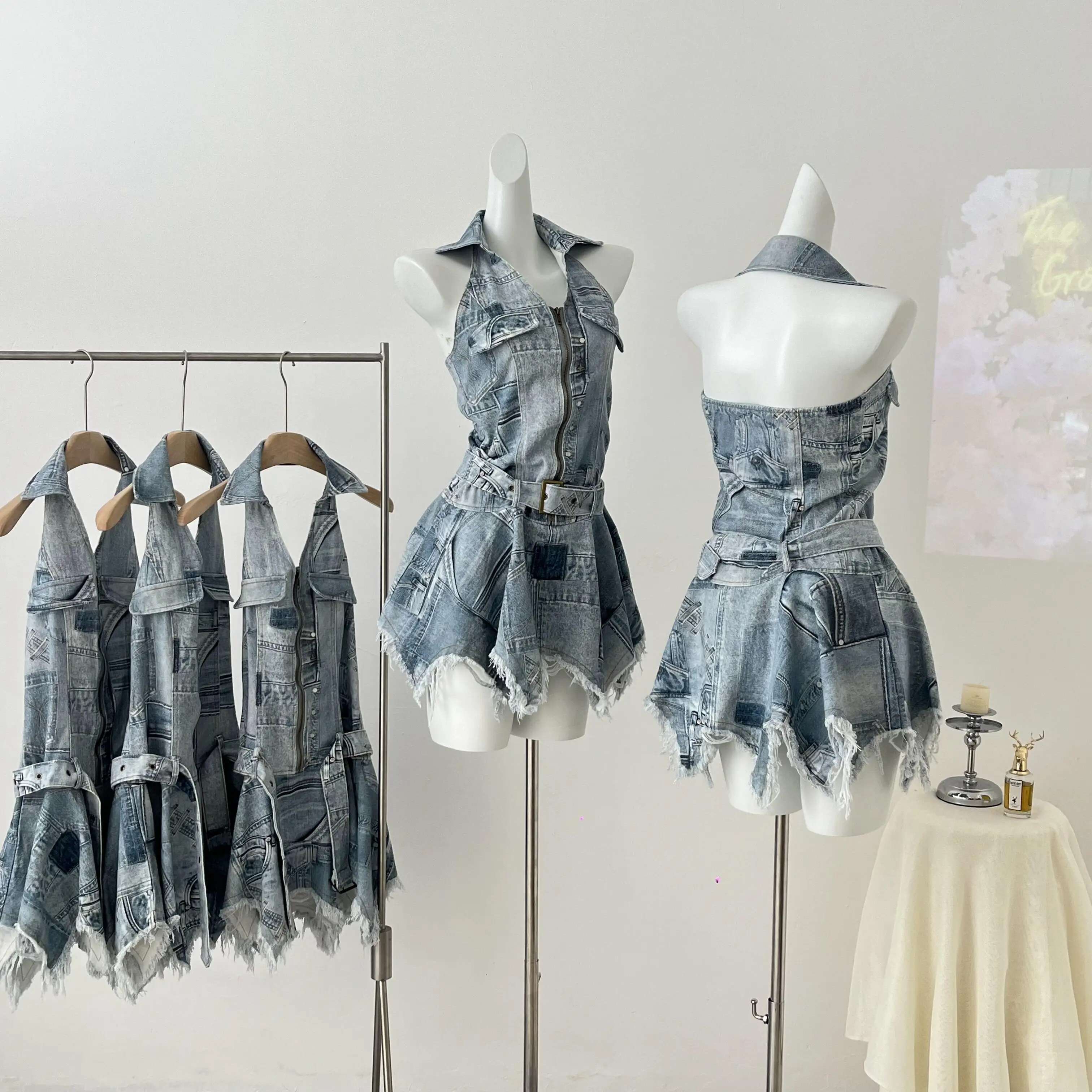 Spicy Girl Halter Sleeveless Denim Dresses For Women Summer 2024 New Polo Neck Vintage Backless Sexy Slimming Short Dress