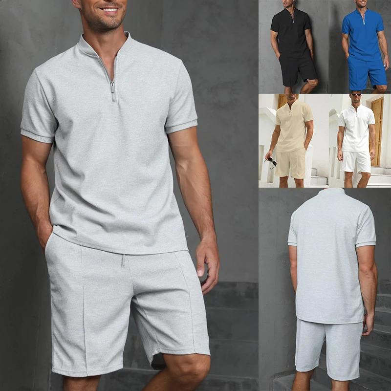 Tracksuit Men Waffle Fabric Polo Suit Zip Control Short Sleeve Two-Piece Set Loose Breathable Outdoor Sports Wear 250225