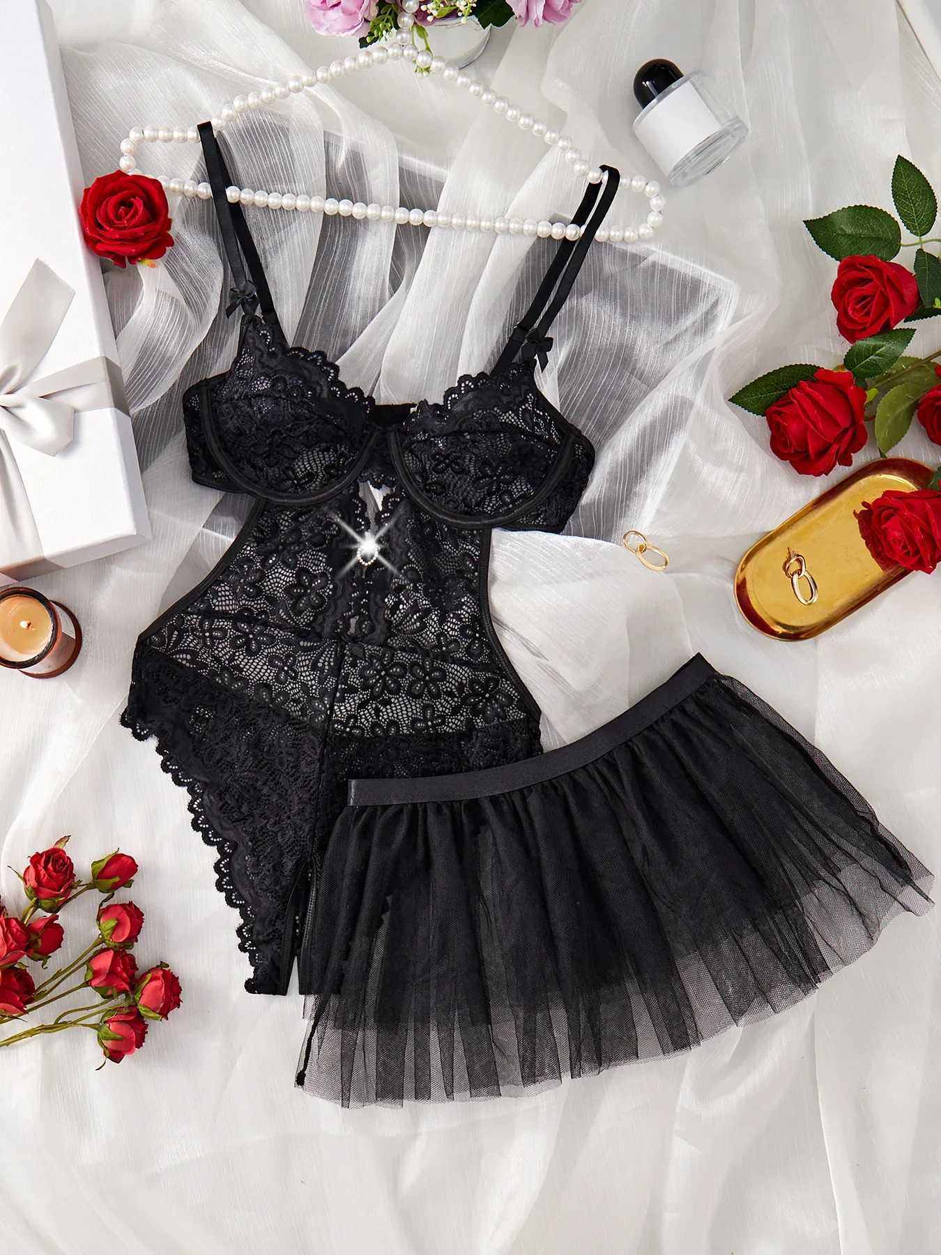 Sexy Set Open Bodysuit Underwear For Women Lace Perspective Night Skirt Sex Costumes Erotic Lingerie Corsets bra and panty setXJ250301