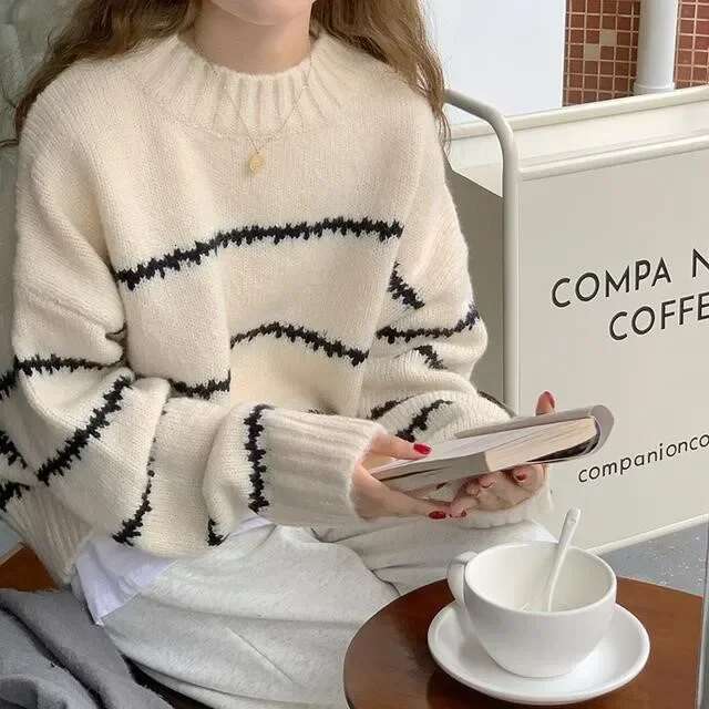 Beige Stripe Baggy Sweater Women Pullover Streetwear Long Sleeve Tops Female Jumper Autumn Winter Loose Knitted Sweaters