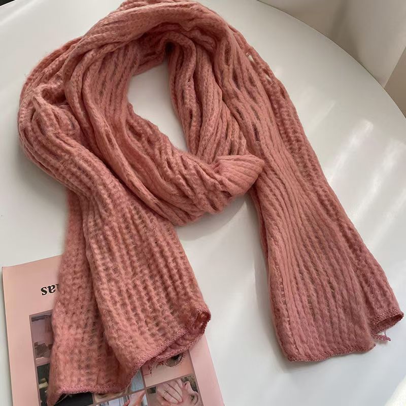 T203 long yellow hollow wool scarf female Korean version all-match warm fashion solid color neck scarf autumn and winter