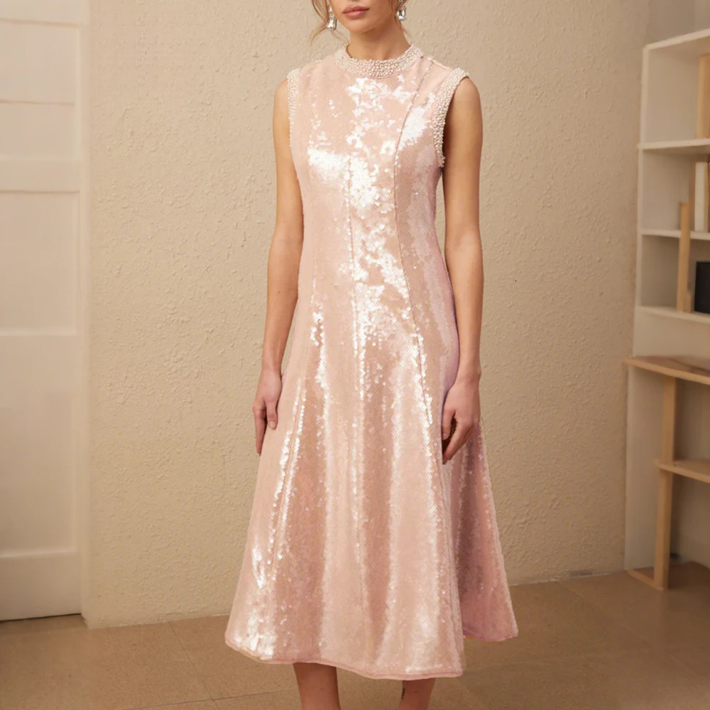 Spliced Beading Glitter Dress For Women Stand Collar Sleeveless High Waist Patchwork Sequins Slim Chic Midi Dresses Female