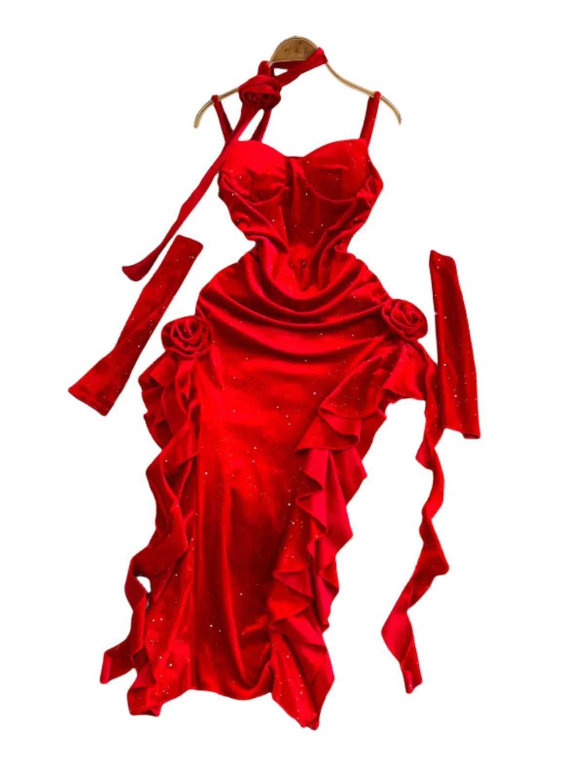 Basic Casual Dresses Design Vintage Red Velvet Suspender Dress for Party Women Irregularly Split Sexy Hip Wrap Heavy Industry Evening Dress J250301