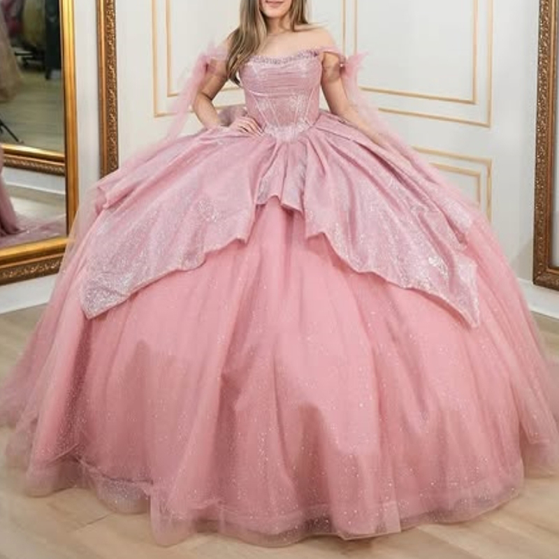Pink Shiny Quinceanera Dresses Ball Gown Off Shoulder Bow Beads Tull Corset Sweet 16 Dress Vestidos 15 De Anos