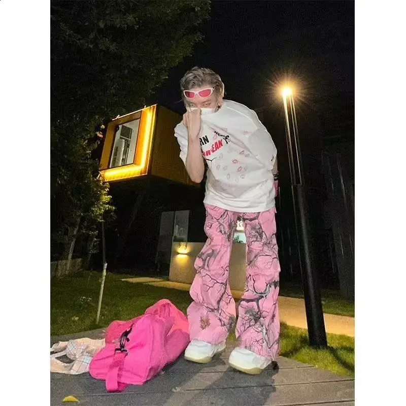 Y2K Pink Camouflage Casual Pants Mens Hip Hop American Retro Trend Printing Loose Pocket Couple Straight Wide Leg Pants Unisex 250225