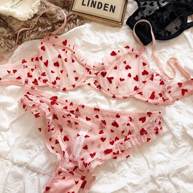 New Lingerie Thongs Set Sexy Ultra Thin Transparent Bra Women Underwire Push Up Bra Set Summer Romantic Peach Heart UnderwearXJ250301
