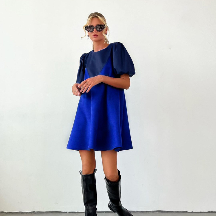 Feng New3 Spring Women's PU Leather Panel Design Feel Loose Solid Color Casual Short Sleeve Dress