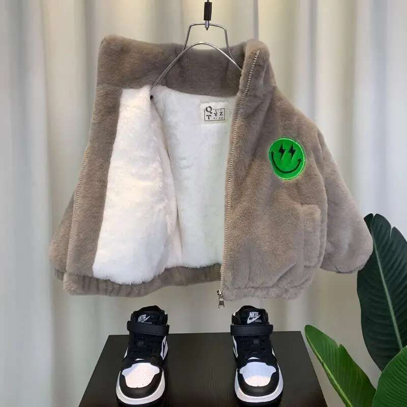 Ddmyshoesvip Winter Kids Fleece Jacket Baby Boys Girls Cashmere Thicken Baseball Clothes Children Plush Warm Smile Pattern Cardigan Teen Coat
