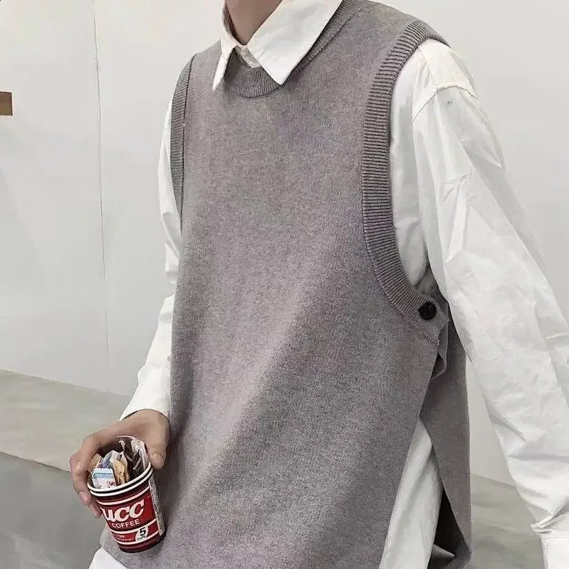 Knitted Sweaters for Men Crewneck Sleeveless Man Clothes Vest Solid Color Plain Round Collar Waistcoat Fleeced Plus Size Warm X 250225