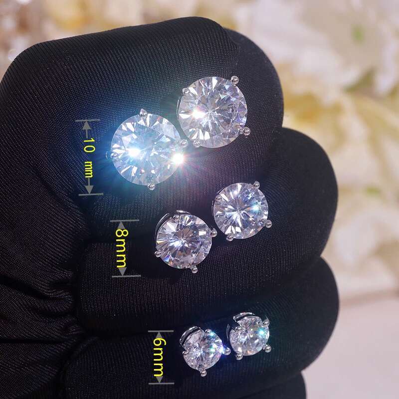 6/8/10mm Classic Sier Color Round White Zircon Stone Stud for Women Men Wedding Party Earrings Birthday Jewelry Gifts