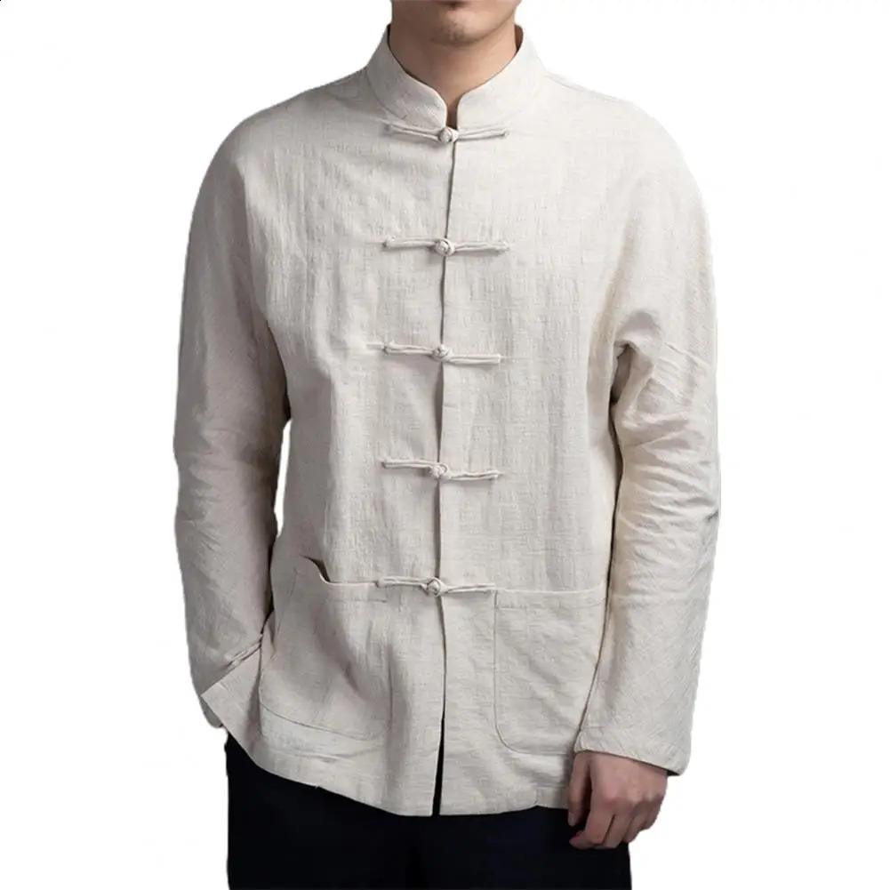 Solid color stand up collar shirt traditional Chinese mens shirt Wenhua collar long sleeved shirt suitable for Kung Fu 250225