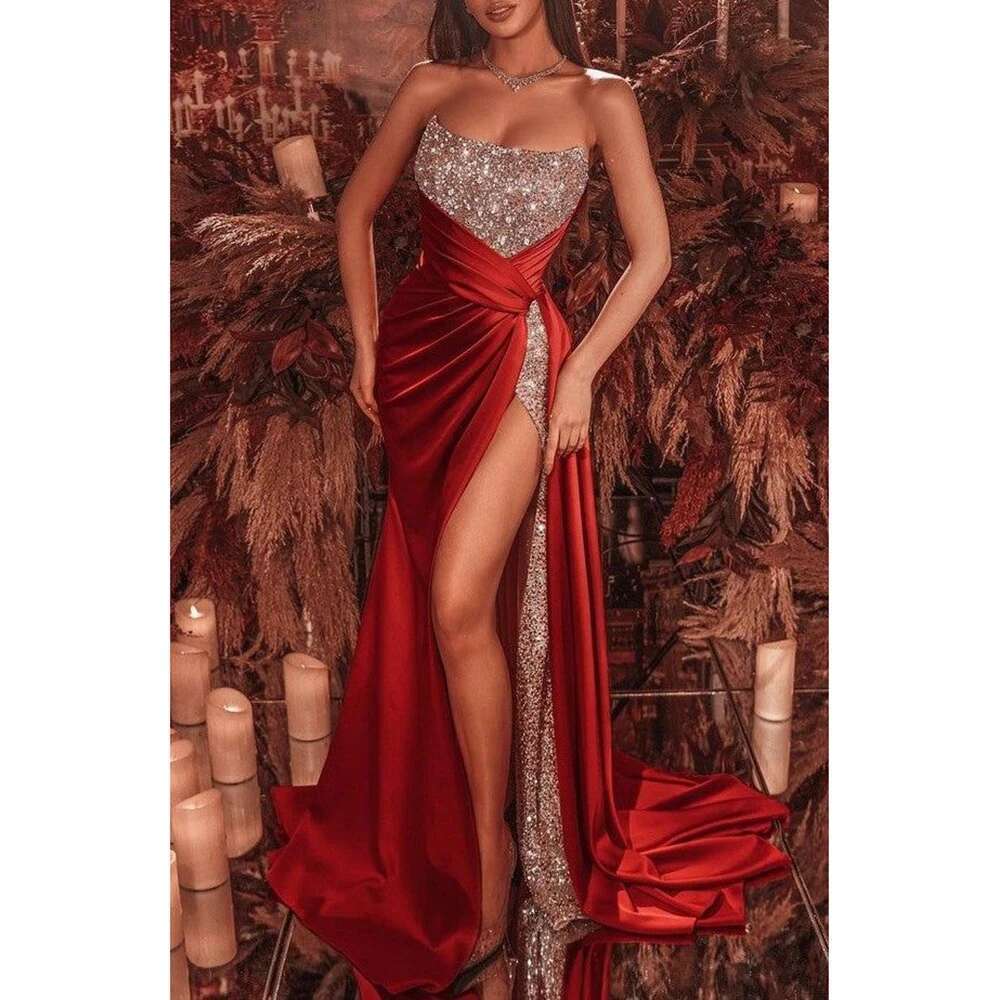 Exquisite bright red sequins evening party strapless sleeveless trumpet to the floor sexy high division side feminine prom dresses