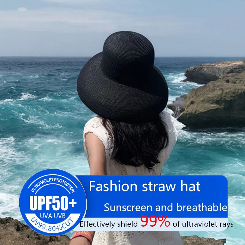 Female Summer womens hat Hepburn Style Vintage n Wide side Straw Hat Solid Color Beach Holiday Beach Hat Big Sun Hat 250227