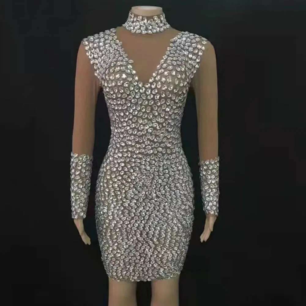 Shinny crystal full mini mermaid high tail neck long sleeves formal evening prom back zipper party dresses