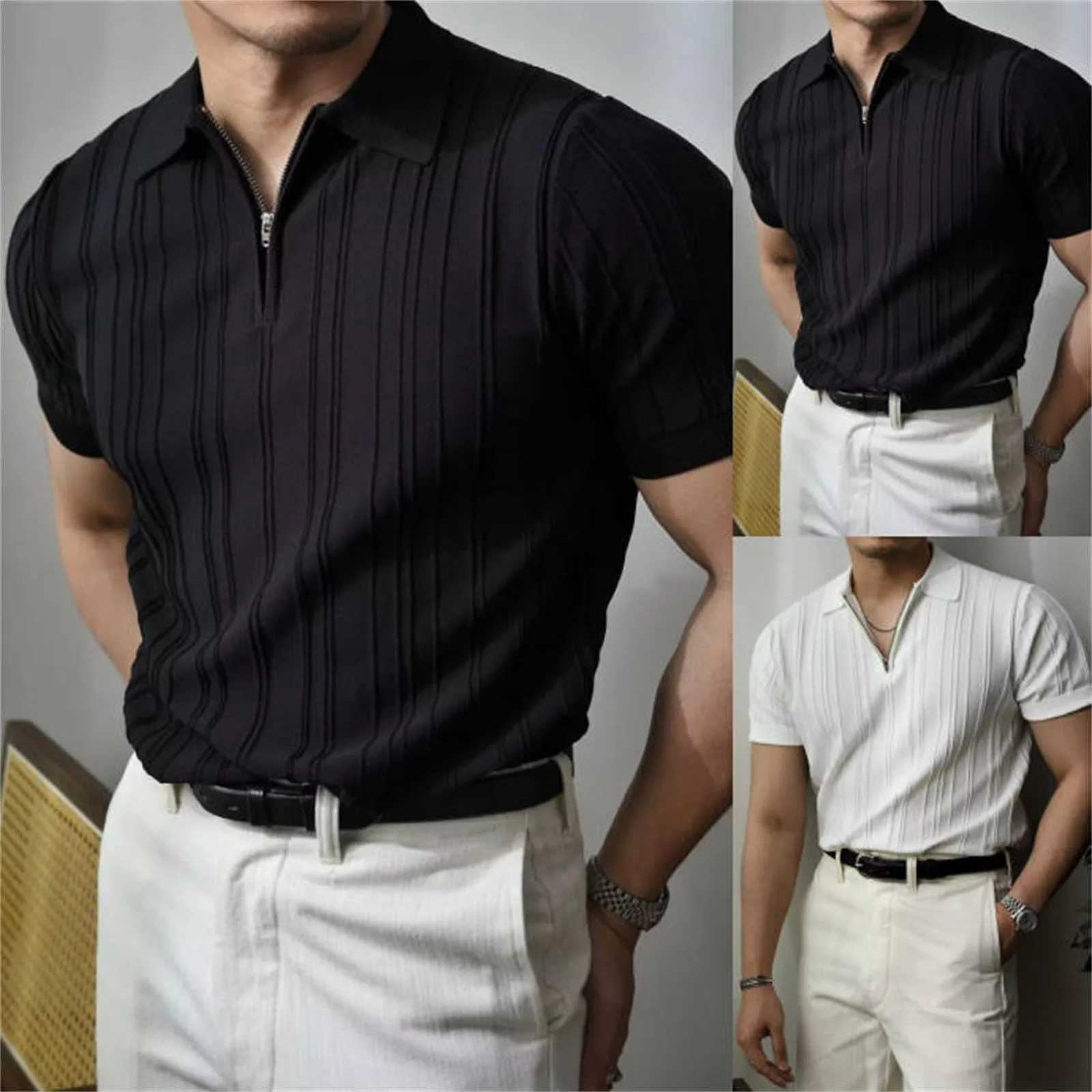 Korean Luxury Slim Soild Retro Tops Tees Clothes Knit Shirts Short Sleeve Quarter Zip Casual T Shirts Retro Camisas De HombreT250228