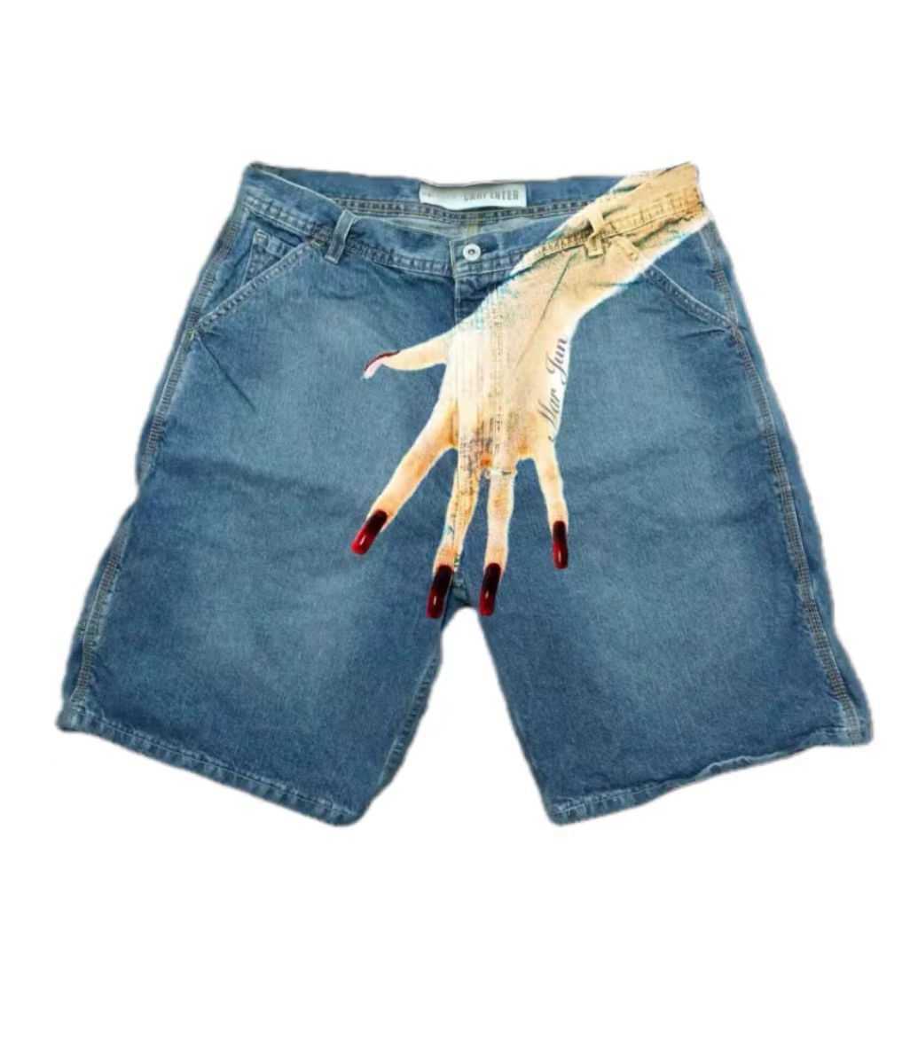 Y2k Harajuku Street Fashion Beaded Letter Embroidery Oversized Denim Shorts Men High Street Fashion Brand High Waist Jeans WomenX240914