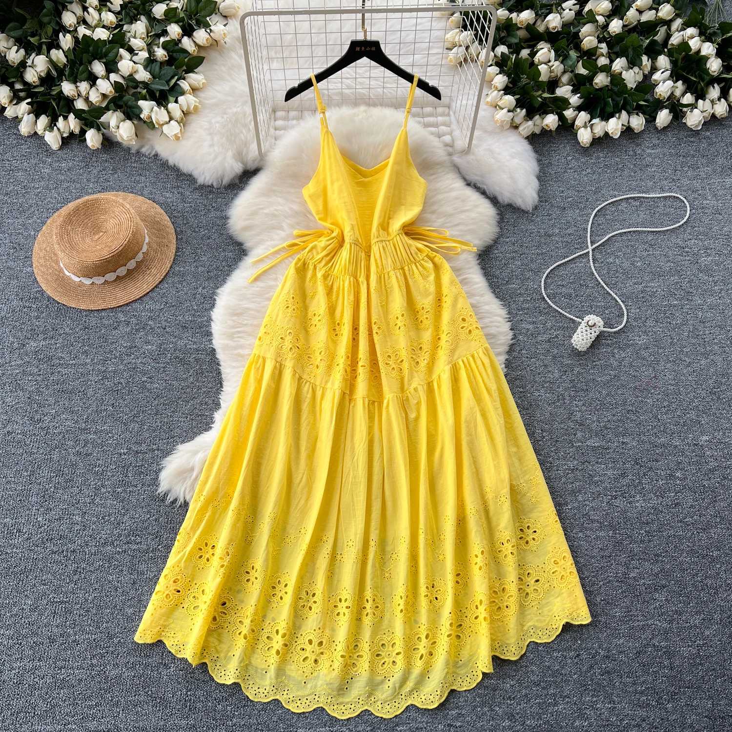 Basic Casual Dresses Korean Sexy Backless bandage cut out Embroidery Slip Dress A-line Chic Casual Beach Vacation Women Summer Vintage Dresses J250301