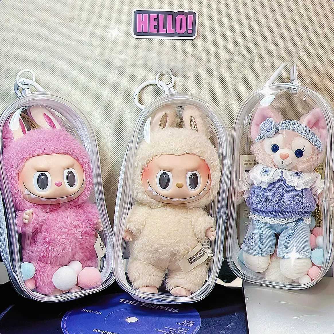 Colorful Transparent Protector Case Organizer Box for 17cm Labubu Plush Dolls Outdoor Display Bag With Keychain Doll Accessories W250301