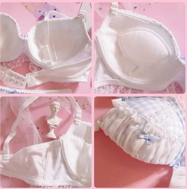Japanese lingerie cute girl sweet blue black white bubble gum with steel rims thin and large apron bra setXJ250301